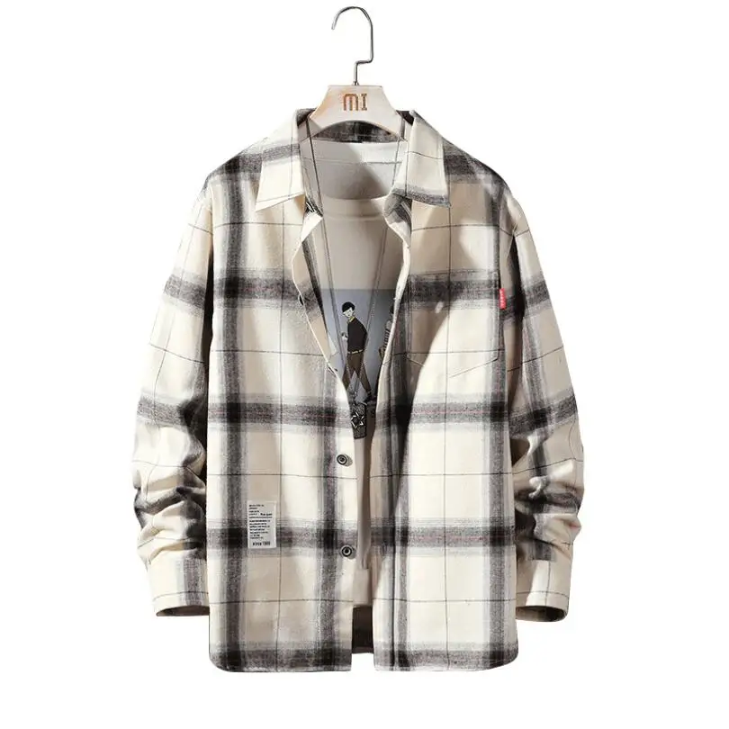 

2021 Streetwear Casual Oversize Plaid Shirt Men Long Sleeve Loose Spring Autumn Korea Shirts Man w1766