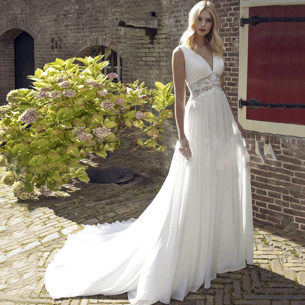 

Charming Sleeveless Wedding Dresses A-Line V-Neck Button Back Sweep Train Bridal Gowns 2021 Vestidos De Noivas