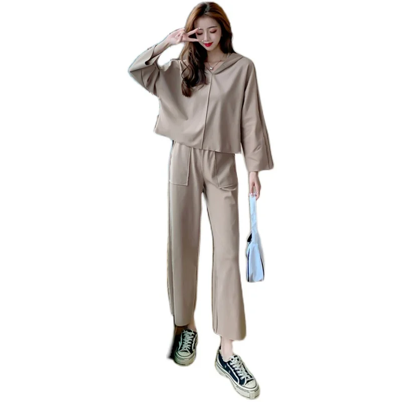 Women's Harajuku Pullover Hooded Sportswear + Casual Wide-Leg Pants Suit Spring Autumn Loose Hoodie Pocket 2-Piece Set