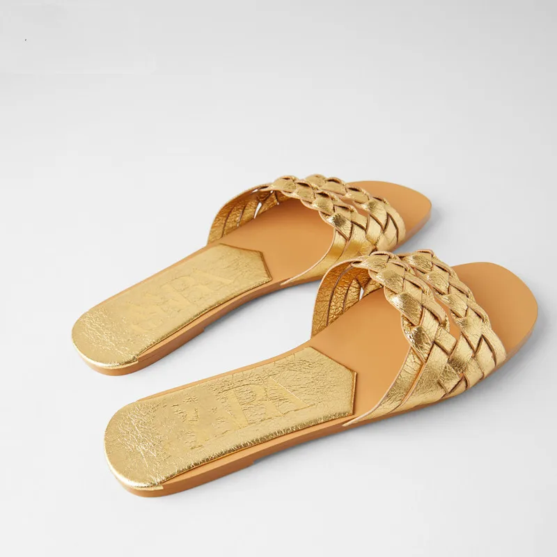 

2020 new golden woven slipers women summer falt heels beach casuals slides shoes woman outdoor sandals flip flops muter
