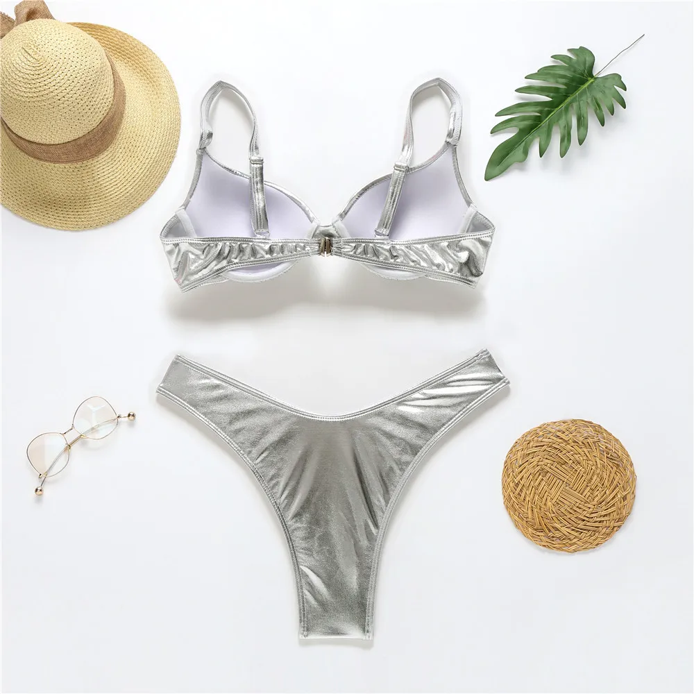 

Sexy Metallic Brazilian Bikini Push Up Silver Golden Swimsuit Female Bathers Bandage Swimwear Women 2021 Summer Bathing Suit