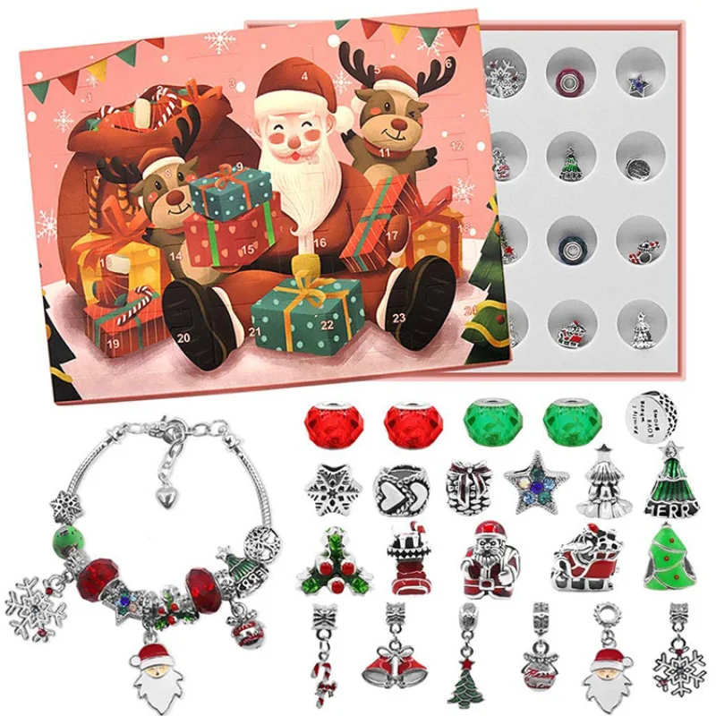 

Christmas Countdown Calendar Jewelry Kit DIY Xmas Ornaments Beads Bracelet Necklace Gift Box 24 Pcs Girls Christmas Gifts 2022