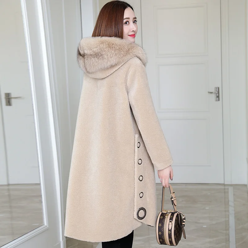 

JCHB 2021 100% Wool Fur Coat Female Real Fox Fur Collar Hooded Woman Jacket Winter Clothes Women Abrigos De Mujer 5W18176 Pph14