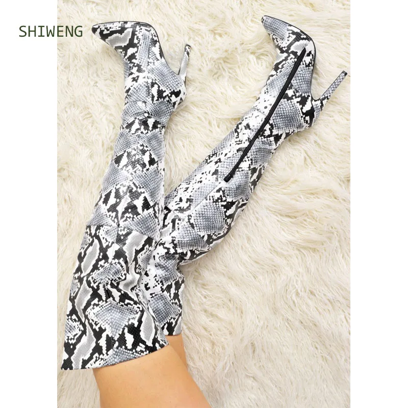 

Женские сапоги на высоком каблуке, Сапоги выше колена с острым носком и змеиным принтом, обувь для вечеринки, Размеры 35-44, 2021