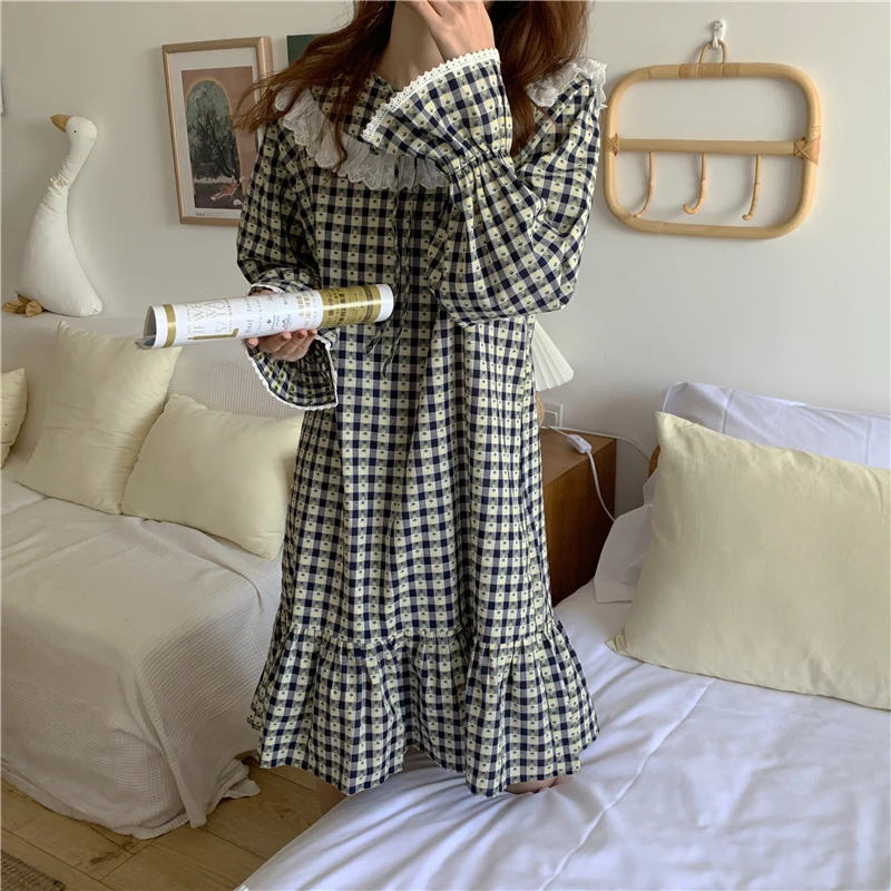 

spring chic women plaid floral print nightdress sweet bandage lace nightgown checkered ruffles long night dress homewear L185
