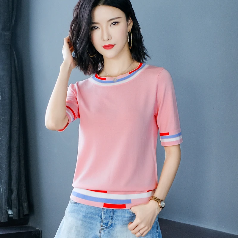 

Женский трикотажный топ в полоску из вискозы с коротким рукавом, летняя новая футболка в иностранном стиле, тонкая футболка с круглым вырез...