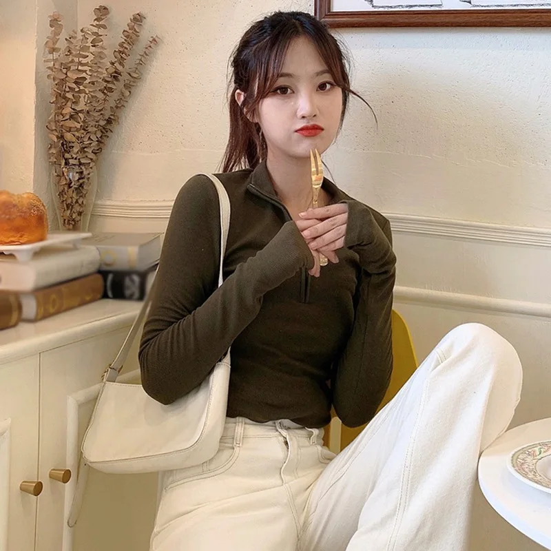 Женская футболка осенняя одежда трикотажные укороченные топы в рубчик с длинным