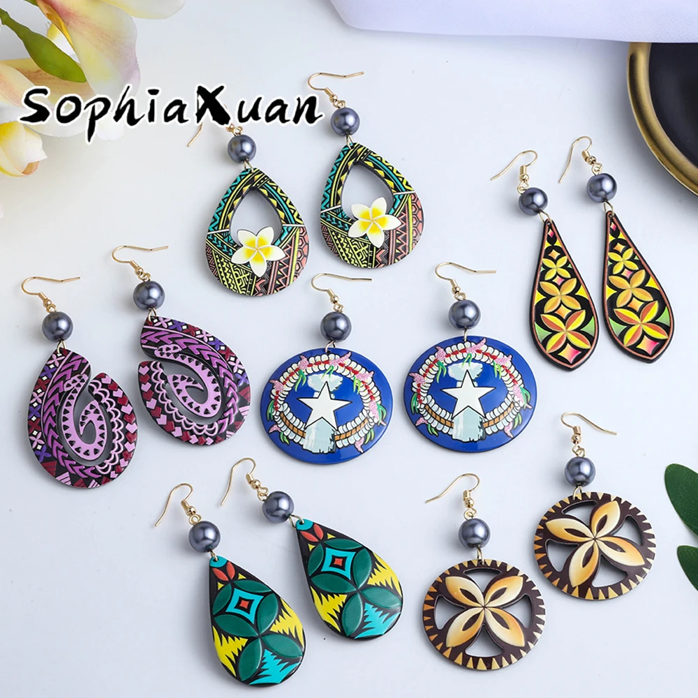 

SophiaXuan Hawaiian Acrylic Dangle Earring Unusual Wholesale Earrings 2021 Trend Flower Polynesian Purple Earring for Women