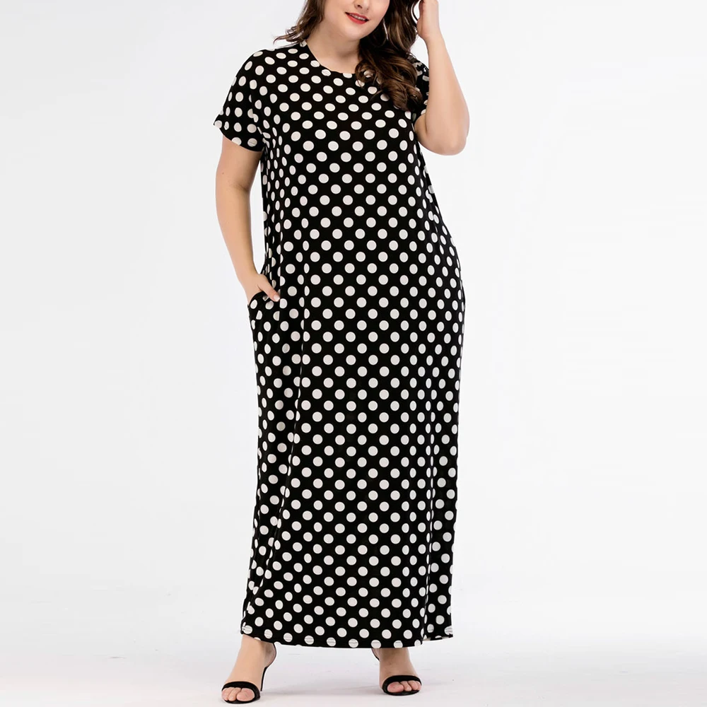 Женское длинное платье в горошек с круглым вырезом и коротким рукавом|women bodycon