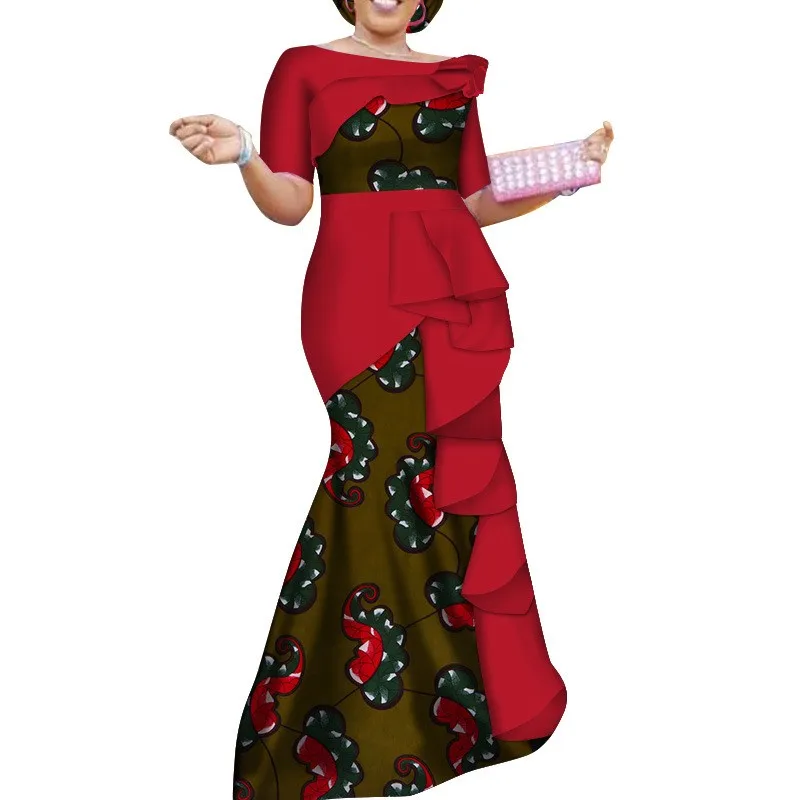 African Short Sleeves Print Floral for Women Lotus leaf Maxi Kaftan Prom Bazin Riche Clothing | Тематическая одежда и