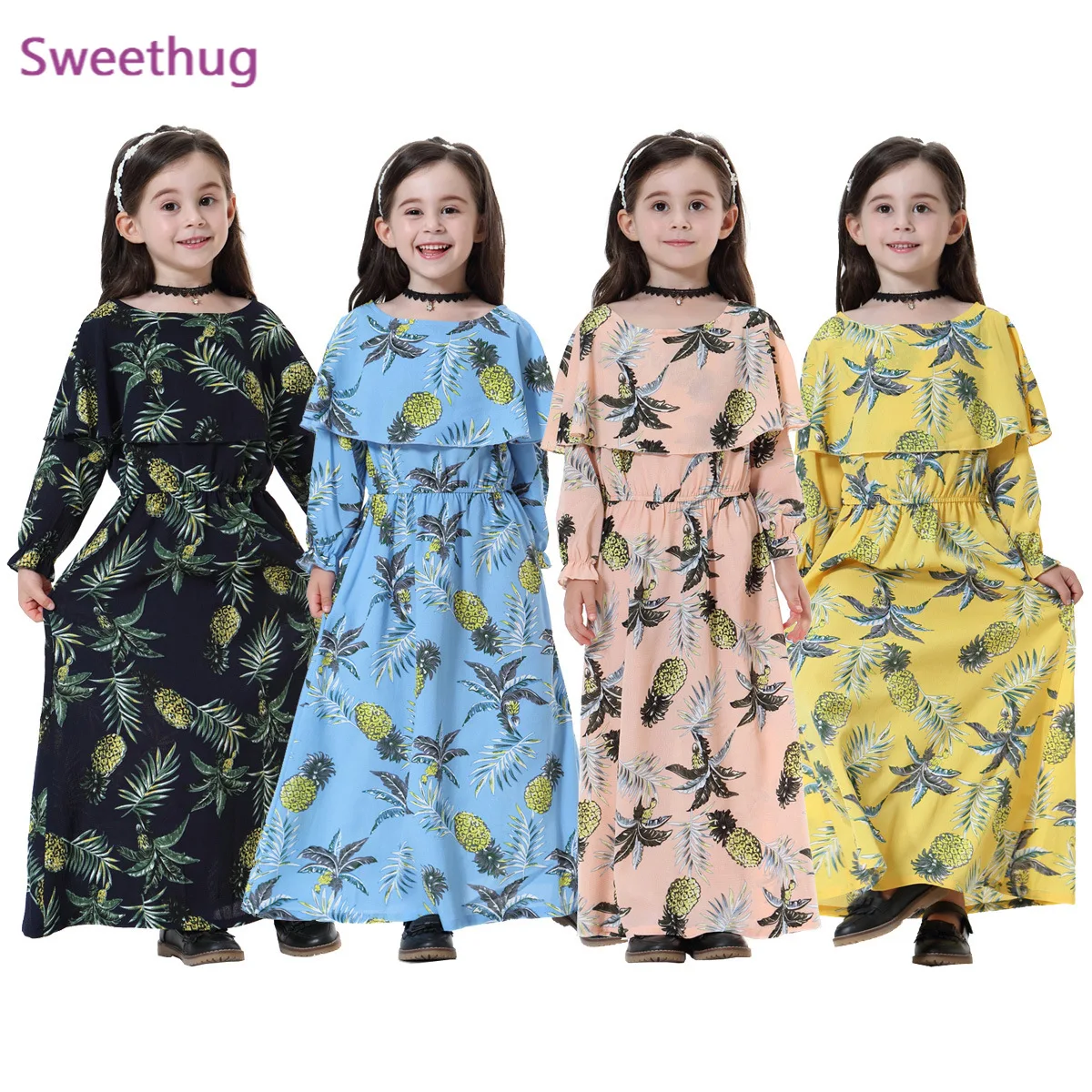 Print Muslim Girls Dress  Abaya Islamic Malaysia Arabian Vestidos Moroccan Kaftan Sweet Ramadan Party Princess Dresses