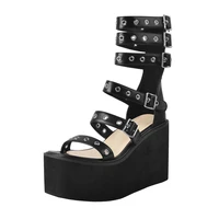 richealnana summer platform sandals women wedges round toe matte black cover heel rivet ankle buckles hollow zipper big size