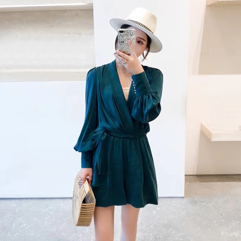 TWOTWINSTYLE Satin Women's Romper V Neck Long Sleeve High Waist Bandage Jumpsuit For Women Vintage Fashion Spring Clothes