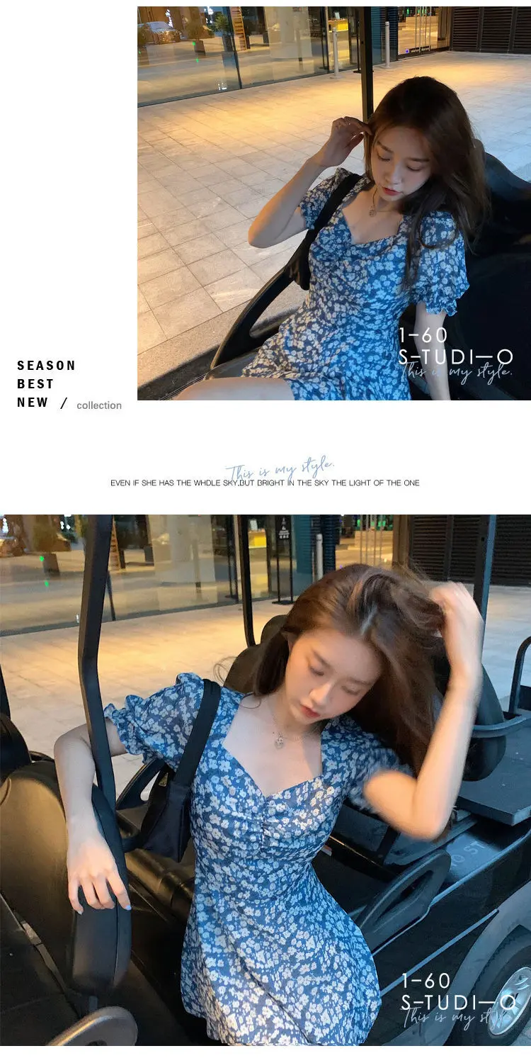 

Female Student Dress Short-Sleeved Square Neck A-Line Skirt Floral Skirt Pleated Skirt Spring and Summer J55