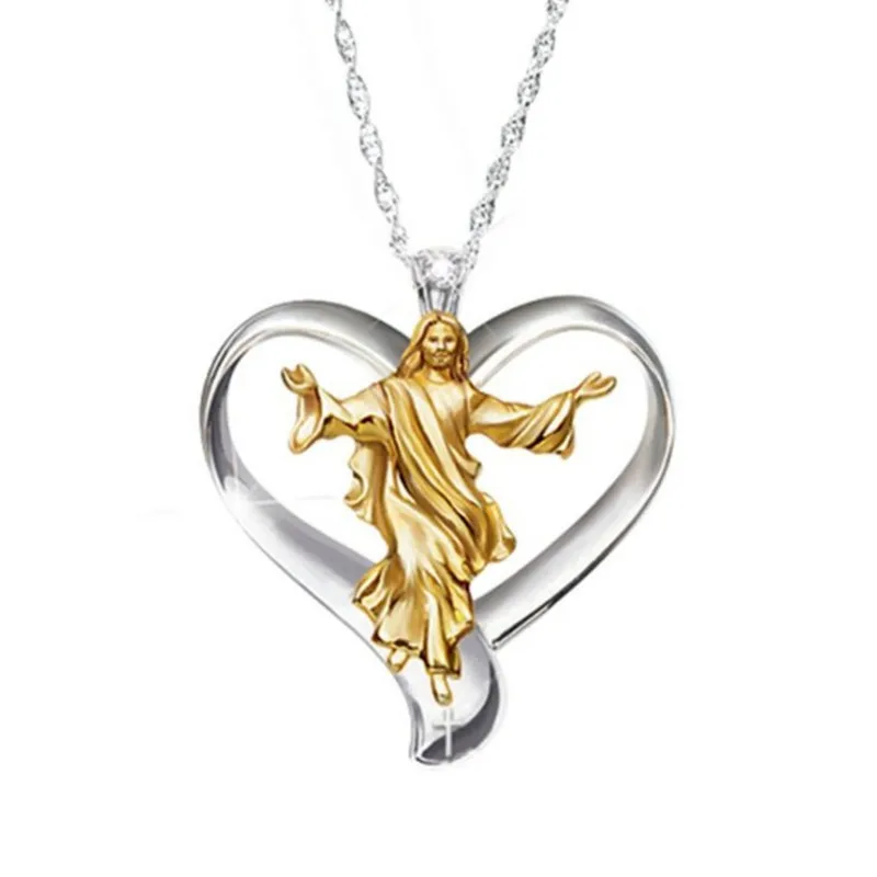 

HONGYE Heart Jesus Necklaces For Women Two-tone Zirconia Alloy Pendant Necklace Female Jewelry Gifts Choker Colar Chain