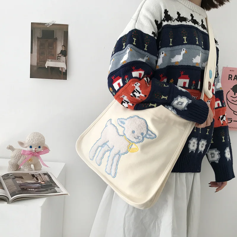 

Women Canvas Shoulder Bag Little Lamb Embroidery Girls Cotton Cloth Crossbody Bags Large Capacity School Books Bag Shopping Bags