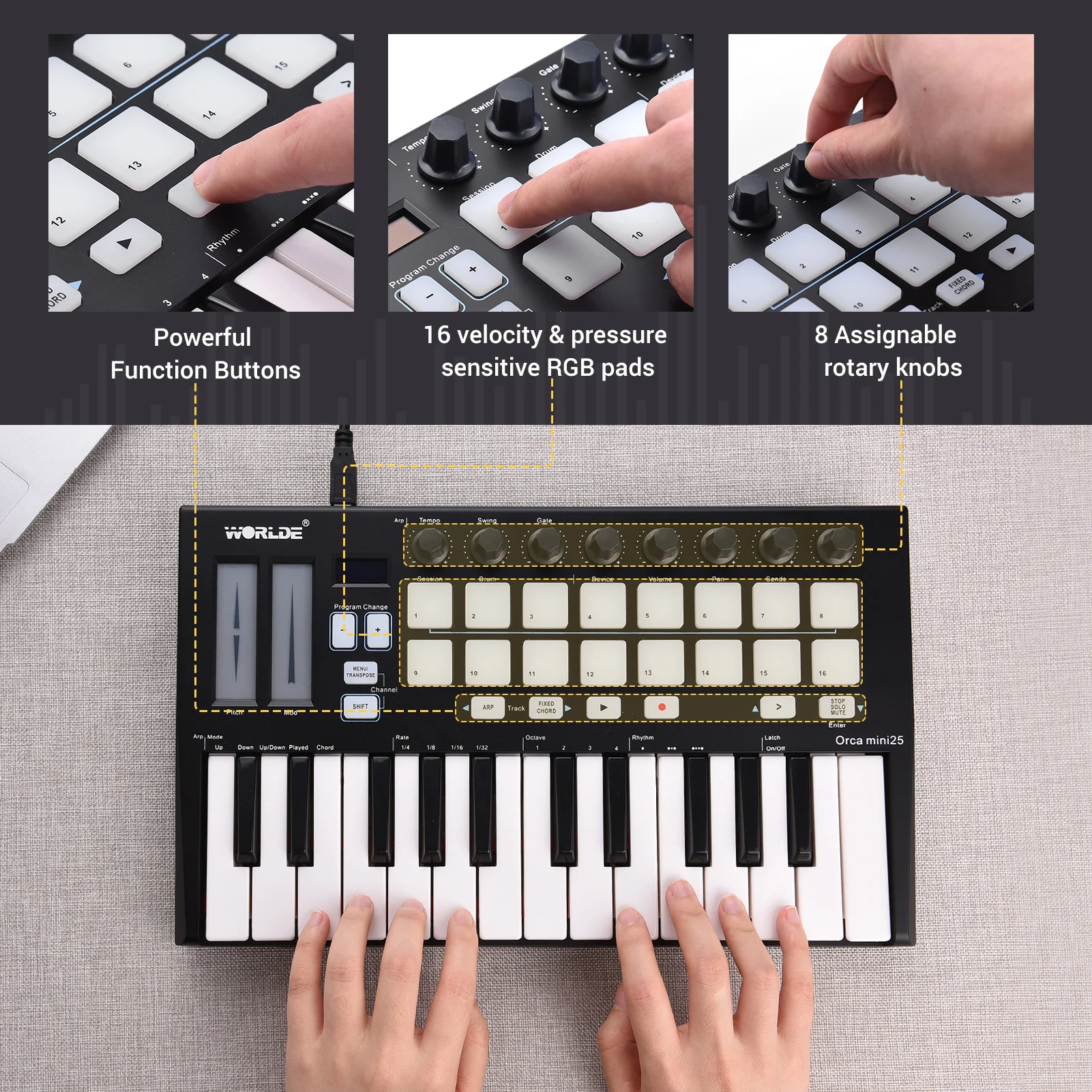 

WORLDE Orca mini25 Portable 25-Key USB MIDI Keyboard Controller with 16 RGB Backlit Trigger Pads 8 Assignable Control Knobs