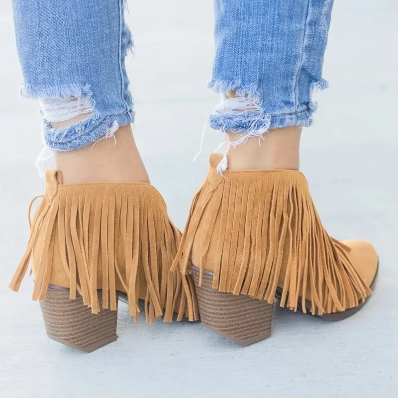LOOZYKIT Chic Women Shoes Retro Fringe Suede High Heel Ankle Boot Female Mid Heels Casual Mujer Booties Feminina Plus Size 43 | Обувь