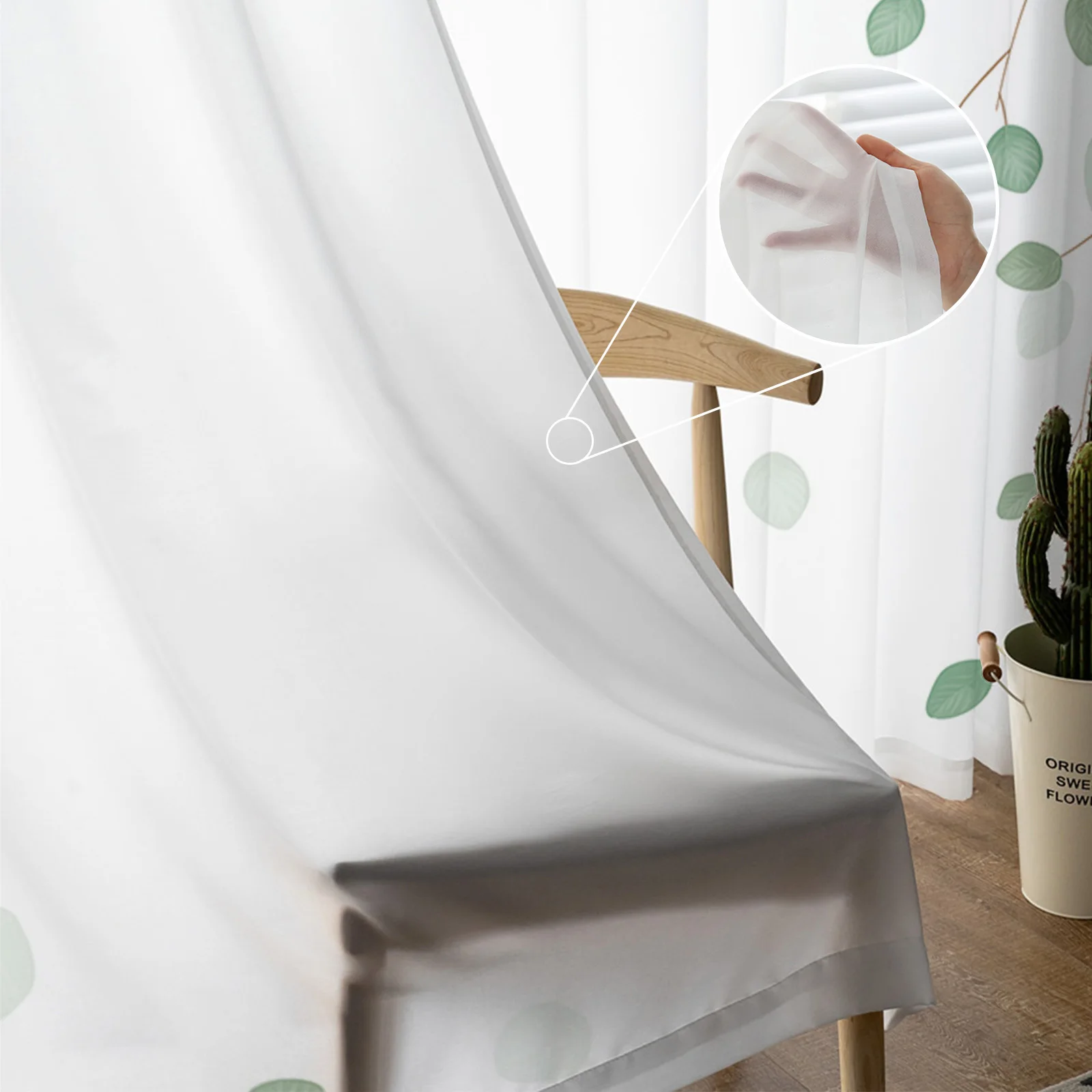 Эвкалипта листья растений зеленого и белого цветов прозрачные Занавески на окна