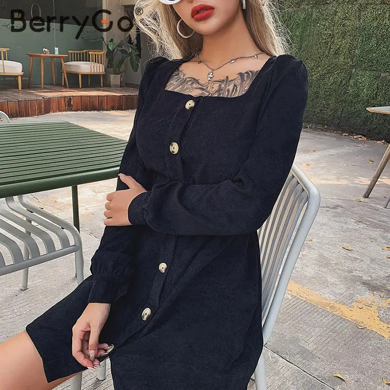 BerryGo винтажное вельветовое зимнее платье с длинным рукавом однобортное