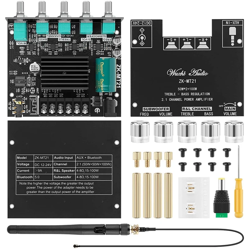 

ZK-MT21 2.1 Channel Bluetooth 5.0 Subwoofer Amplifier Board 50WX2+100W Power Audio Amplifier Board Speaker with Antenna