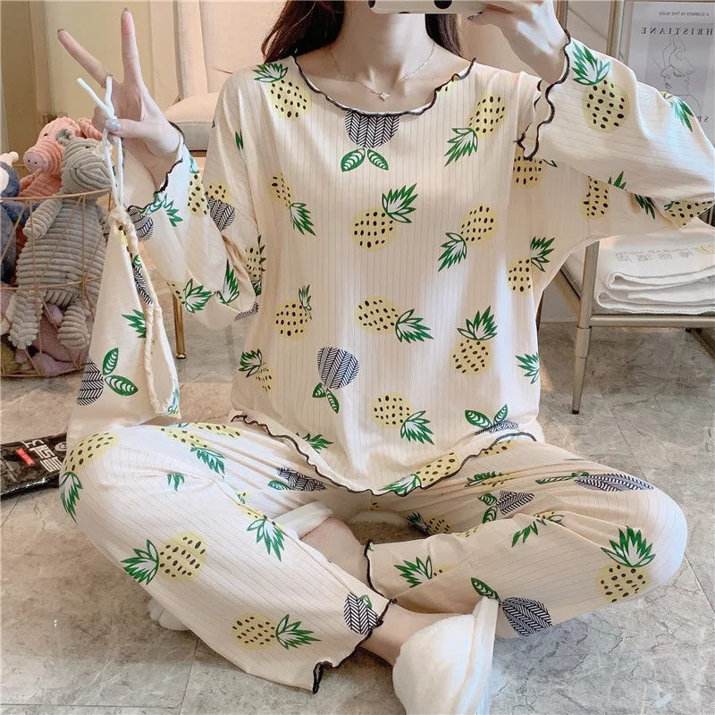 

2020 Spring Autumn Pajamas Women's Ruffled Round Neck Long-sleeved Trousers Cartoon Print Cute and Sweet Two-piece Home Service