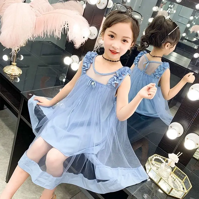 

2021 Girls Net Yarn Princess Dress Children's Summer Tulle Casual Dresses Sweet Baby Skirt With Embroidery For 2-12 Years Old