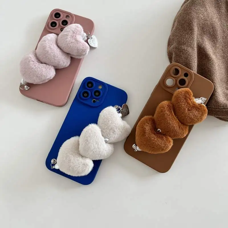 

For iPhone 13 11 Pro Max 12 XS XR Soft Pure Color Warm Faux Fluffy Heart Chain Phone Cases For iPhone 7 8 Plus Plush Case Cover