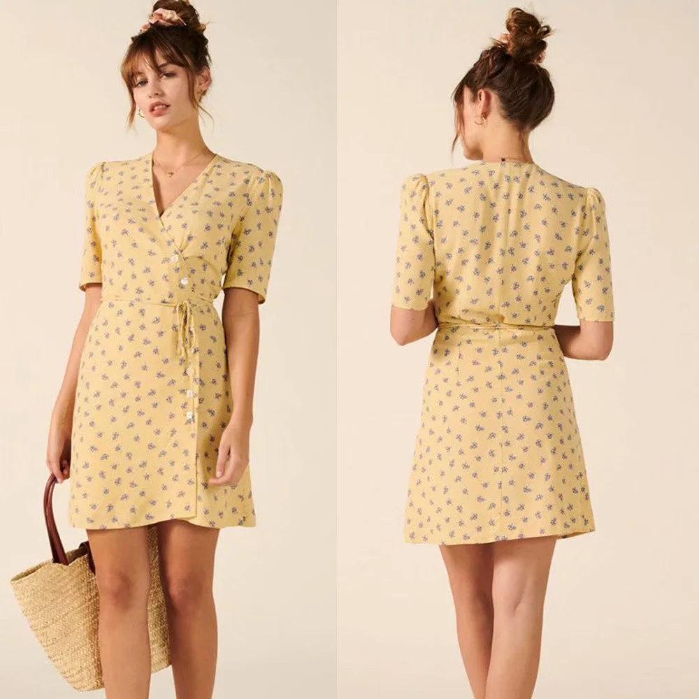 

Europe and America2021Summer new printed dress VCollar breasted lace-up skirt