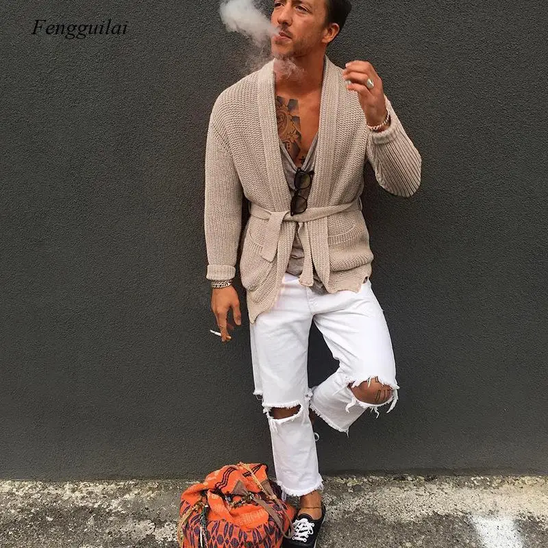 Осенний Новый стиль хаки мужской кардиган свитер с поясом Повседневный вязаный