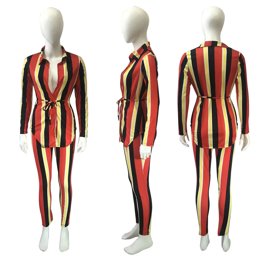

Striped Two Piece Set Shirt and Pant Suit Women Long Sleeve Shirts Top Pants Female Sexy Outfit Office Lady Work Wear Tracksuit