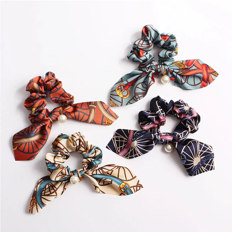 Резинки для волос с кроличьими ушками женщин и девочек жемчужным принтом завязки