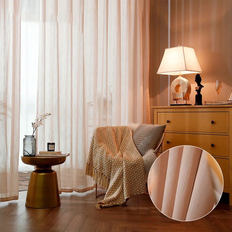 

Light Luxury Champagne Pinstripe Semi Shading Gauze Bedroom Sheer Voile Curtains Solid Window Screens Tulle For Living Room #5