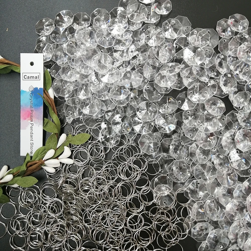 

Camal 300pcs 14mm Loose Acrylic Octagonal Beads + 11mm Chrome Ring DIY for Chandelier Lamp Curtain Wedding Party Hanging Parts