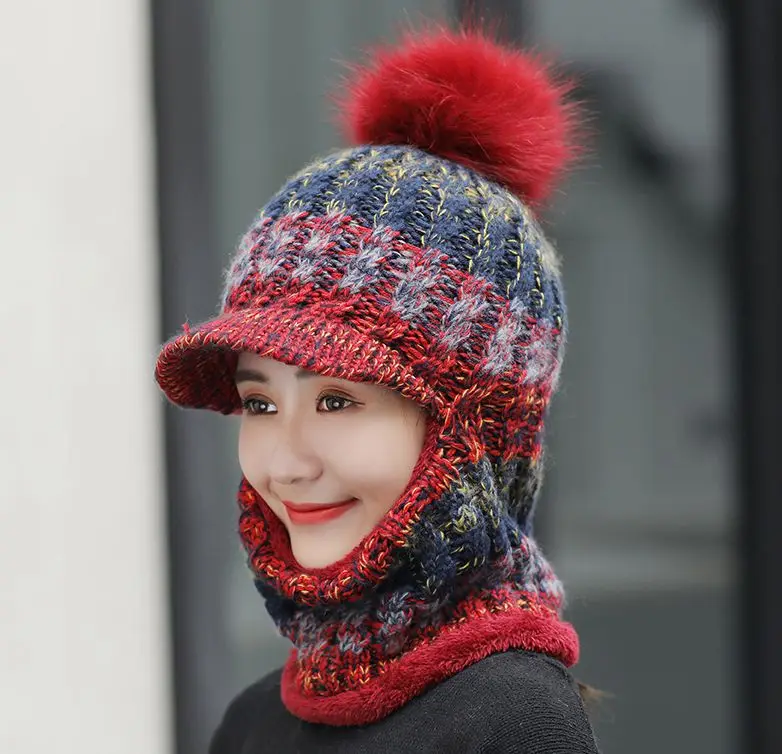 2019 женская зимняя вязаная шапочка красочные наушники шляпы с окантовкой мех pom