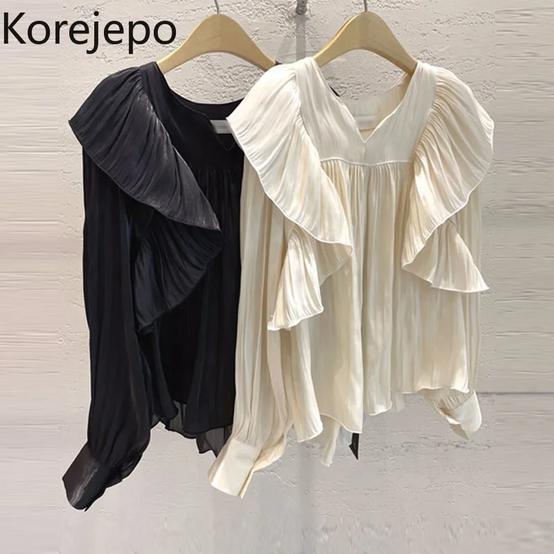 

Korejepo Korean Shirt Women's 2021 Autumn New Retro Temperament Lotus Leaf Edge Stitching Pleated Puff Sleeve Versatile Blouses