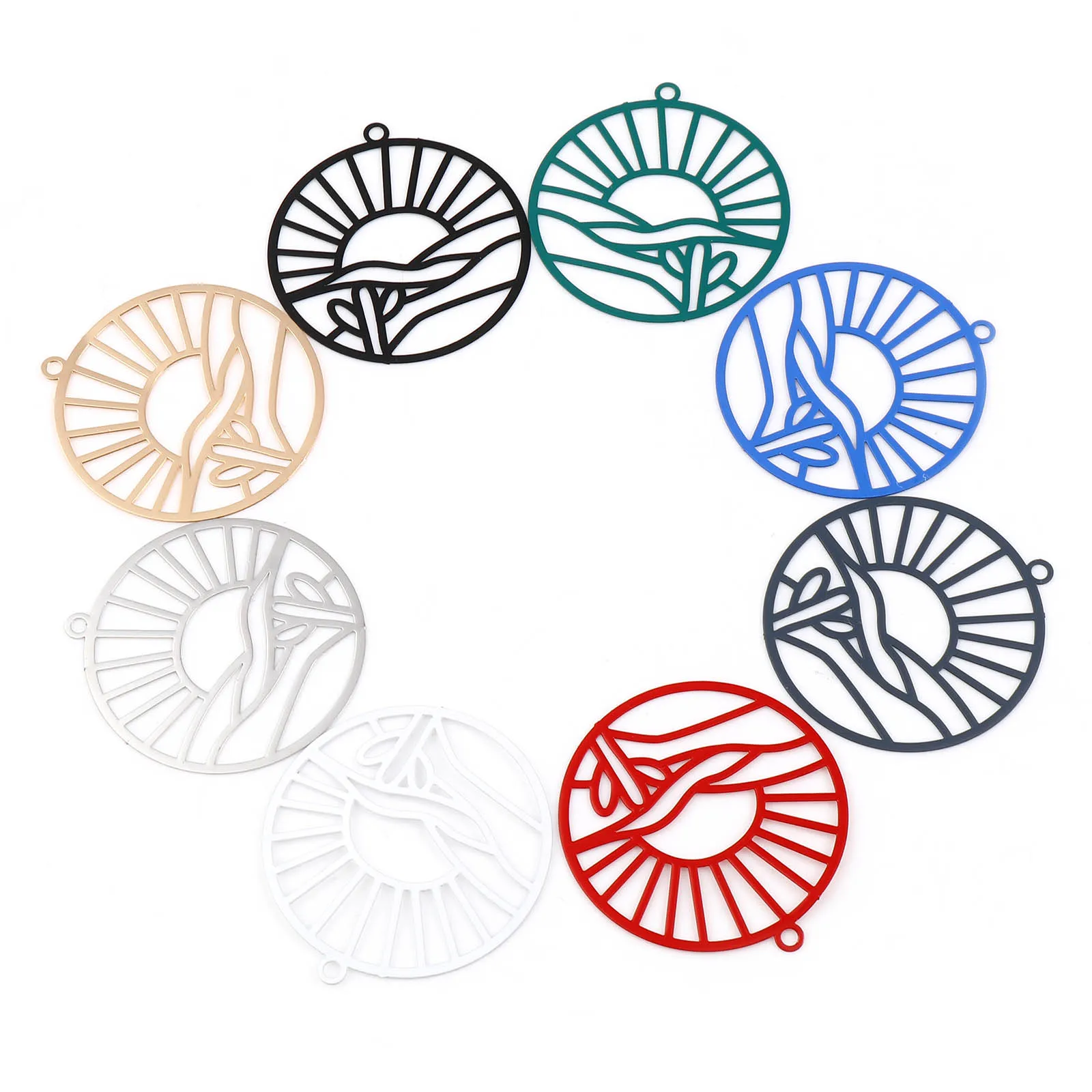 

10 PCs Sun Cactus Round Filigree Stamping Charms Hollow Natural Scenery Pendants For DIY Jewelry Earring Findings 32x 30mm