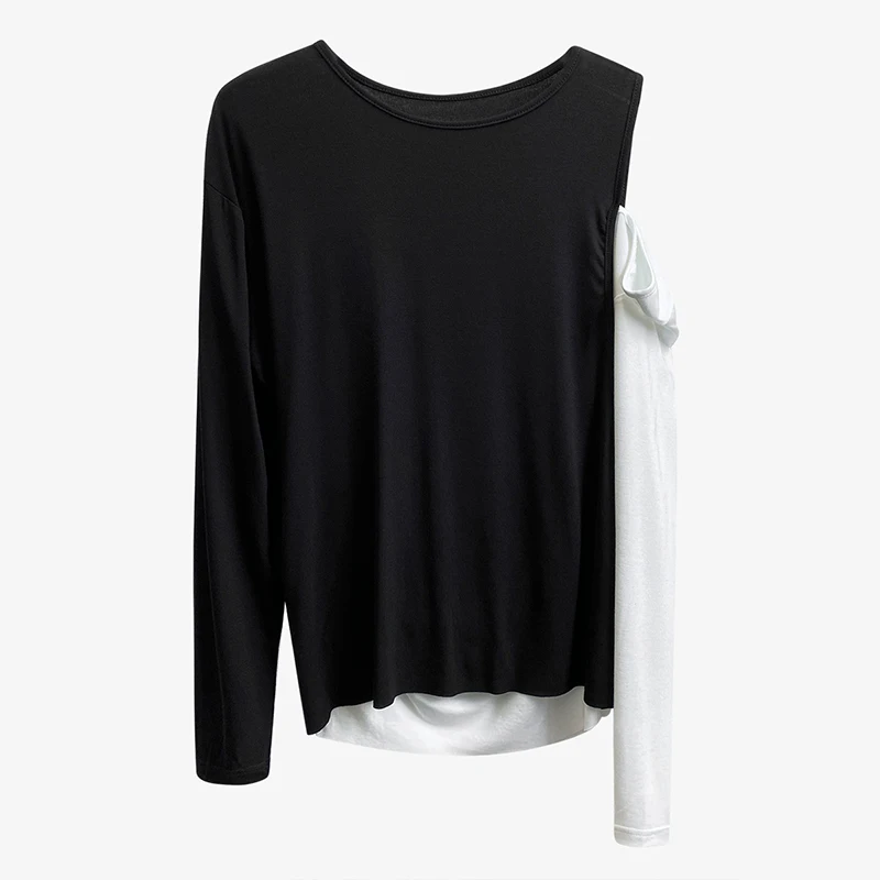 

VGH Hollow Out Casual T Shirt For Women O Neck Long Sleeve Patchwork Fake Two Loose T Shirts Female Fashion New Clothing 2021