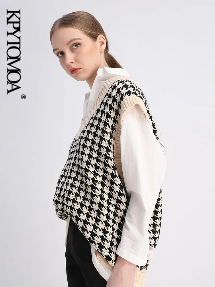 KPYTOMOA Women  Fashion Oversized Houndstooth Knitted Vest Sweater Vintage Sleeveless Side Vents Female Waistcoat Chic Tops