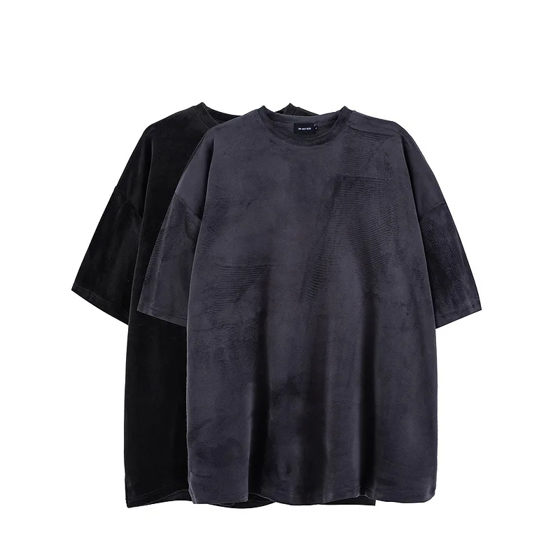 

High Street Summer Tshirts Velour Clothes Loose Fit Short Sleeve T-shirt Fashion Hip Hop Streetwear Men Tshirt