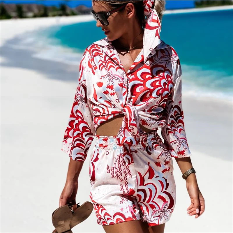 

wsevypo Summer Printed Shorts Sets Women Beach Style Outfits Tie Up Long Sleeve Lapel Shirt+Elastic Waist Shorts Vacation Wear