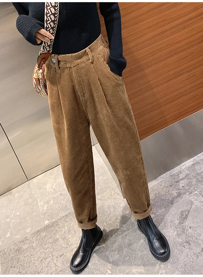 Winter Corduroy Pants Women Autumn High Waist Pockets Trousers Women Plus Size Streetwear Harem Pants Pantalon Femme