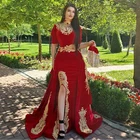 Красное бархатное вечернее платье-кафтан с золотыми аппликациями в виде русалки, Марокко, со съемным шлейфом, с высоким вырезом, вечерние платья на выпускной, арабское платье