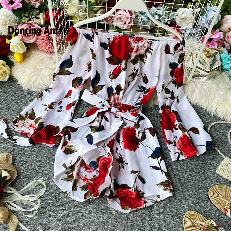Женский комбинезон с цветочным принтом комбинезоны коротким рукавом и широкими