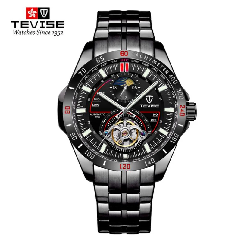 

TEVISE Men Automatic Mechanical Fashion Top Brand Sport Watches Tourbillon Moon Phase Stainless Steel Watch relogio masculino