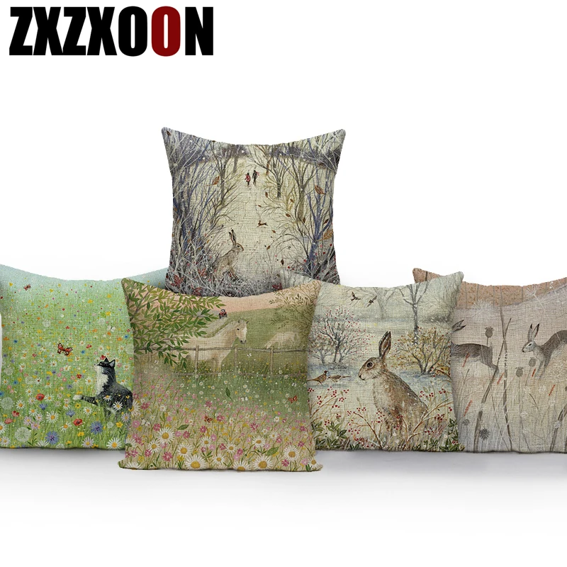 

Декоративный чехол для диванной подушки, картина маслом с изображением животных хлопок, с изображением кота, кролика, наволочка для подушки...