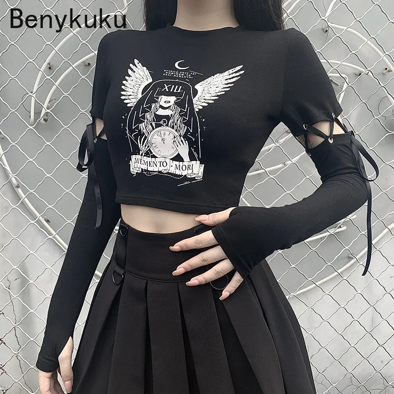 

Witch Print Black Bodycon Long Sleeve Tops Women Gothic Harajuku Punk Patchwork Slim T-shirts Fashion Autumn Female Tees Top