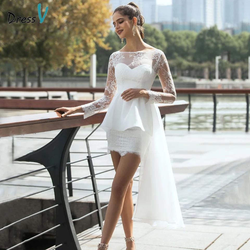 Свадебное платье Dressv Bateau с длинным рукавом Кружевное облегающее атласное из