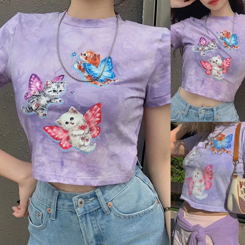 

Women Short Sleeve O-Neck T-Shirt Harajuku Tie-Dye Cute Angel Butterfly Cat Print Crop Top Slim Fit Pullover Streetwear