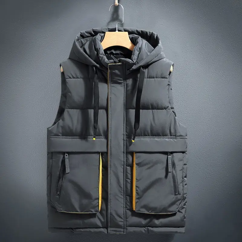 

Frock Vest Men 's Autumn and Winter Korean Style Young and Middle-Aged Hooded Sleeveless Thickened Detachable Hat Jacket